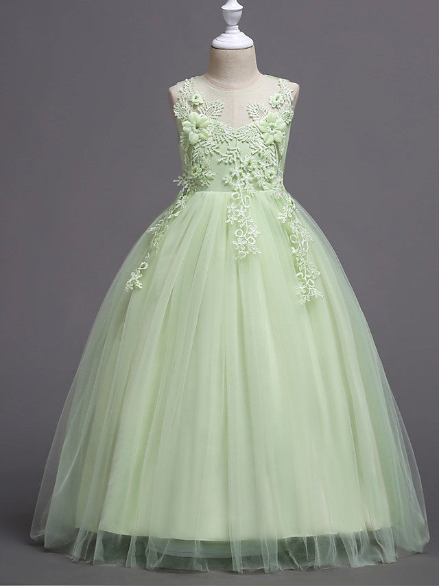 Princess Lace Print Tulle Sleeveless Floor Length Flower Girl Dresses-BallBride