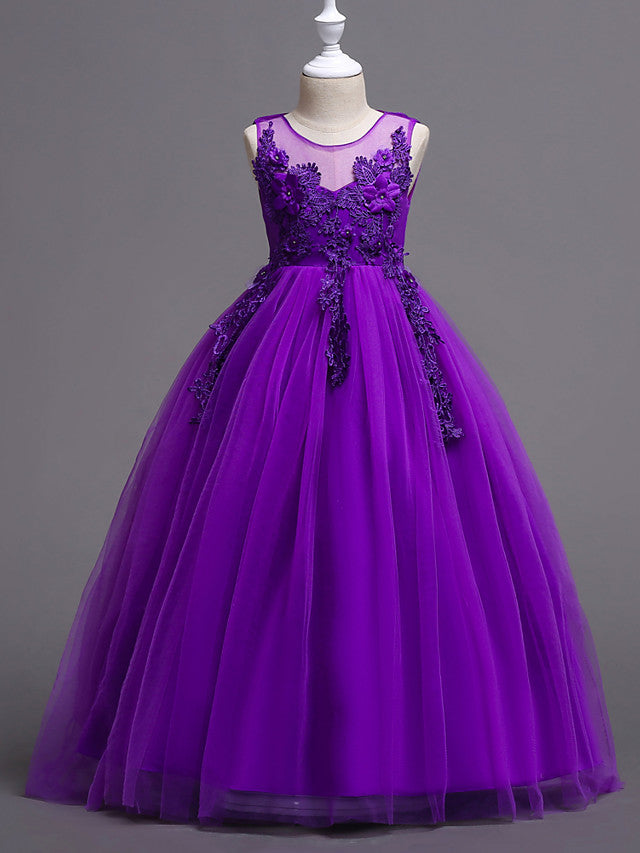 Princess Lace Print Tulle Sleeveless Floor Length Flower Girl Dresses-BallBride