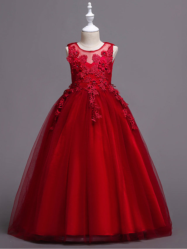 Princess Lace Print Tulle Sleeveless Floor Length Flower Girl Dresses-BallBride