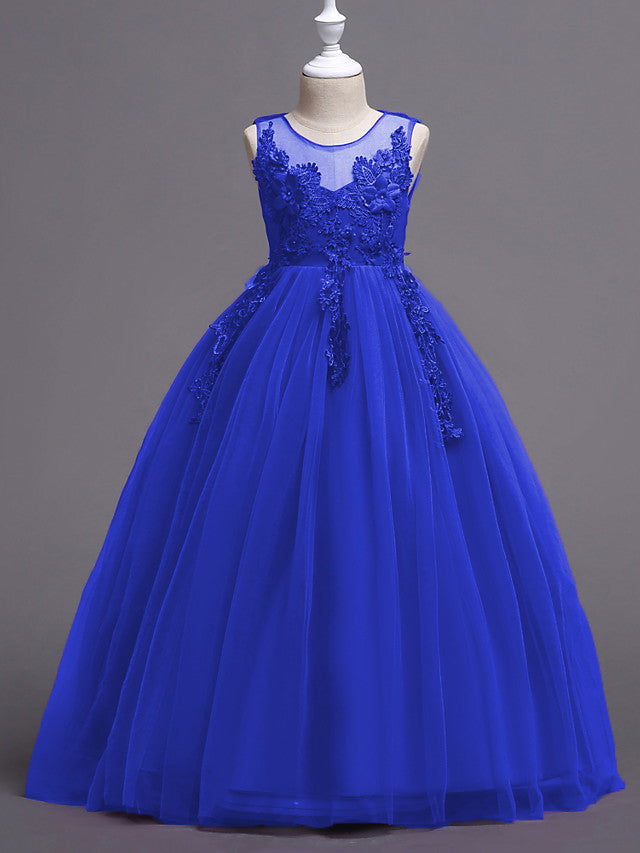 Princess Lace Print Tulle Sleeveless Floor Length Flower Girl Dresses-BallBride