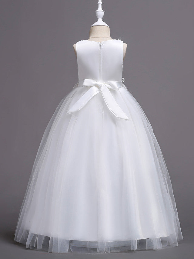 Princess Lace Print Tulle Sleeveless Floor Length Flower Girl Dresses-BallBride