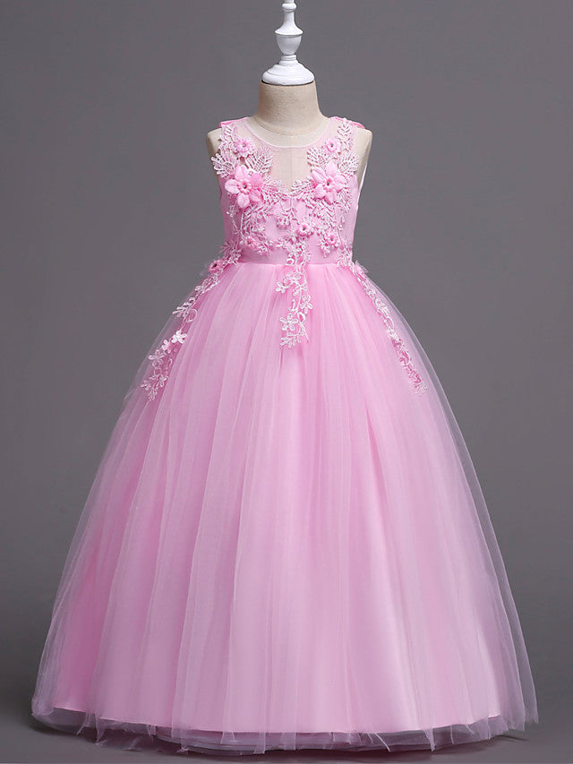 Princess Lace Print Tulle Sleeveless Floor Length Flower Girl Dresses-BallBride
