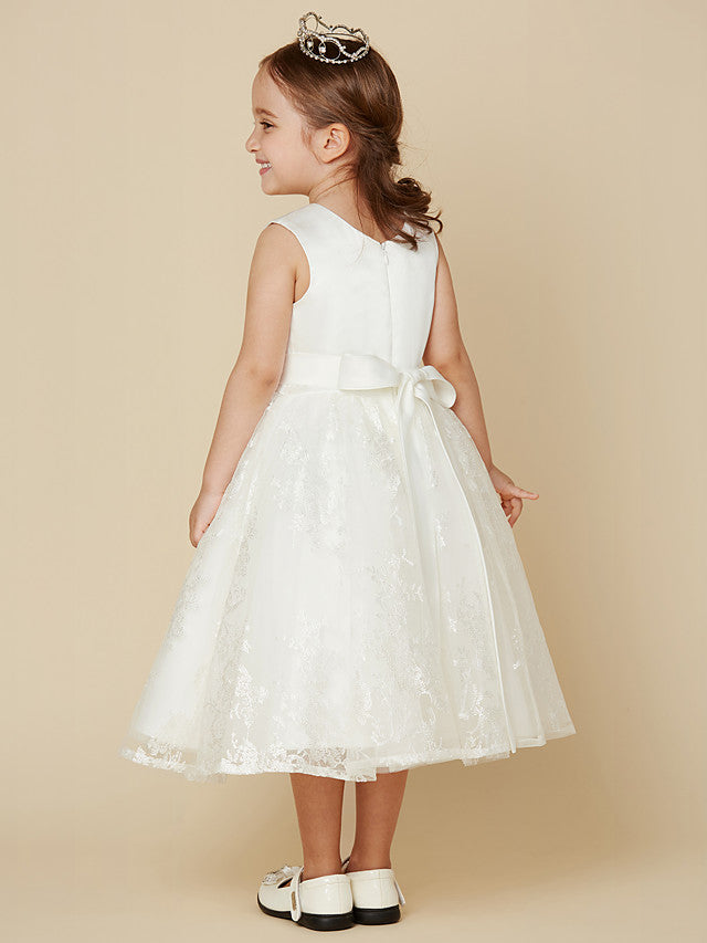 Princess Lace Satin Sleeveless Dress with Sash Bow for Flower Girls-BallBride