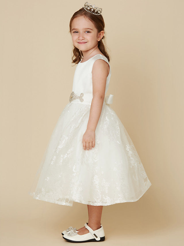Princess Lace Satin Sleeveless Dress with Sash Bow for Flower Girls-BallBride