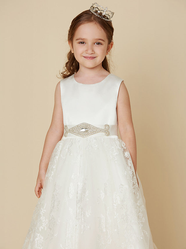 Princess Lace Satin Sleeveless Dress with Sash Bow for Flower Girls-BallBride