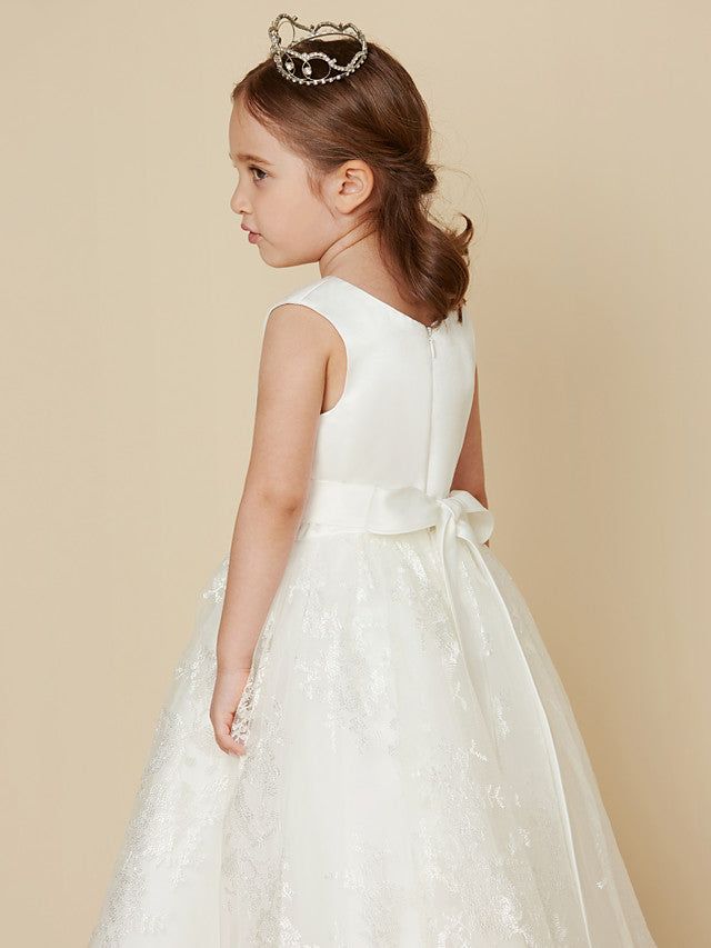 Princess Lace Satin Sleeveless Dress with Sash Bow for Flower Girls-BallBride