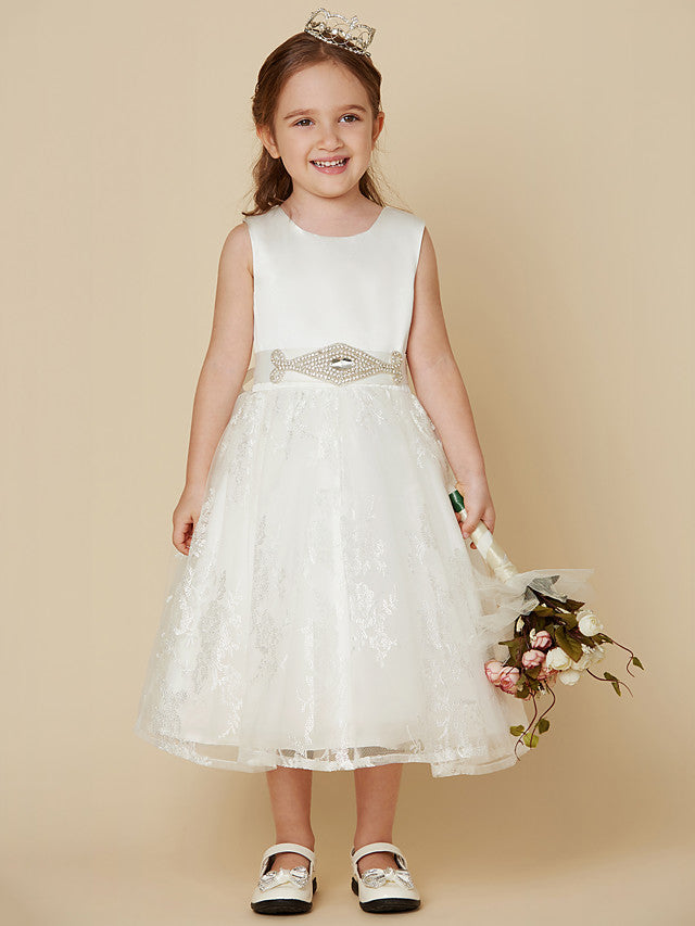 Princess Lace Satin Sleeveless Dress with Sash Bow for Flower Girls-BallBride