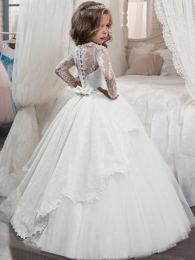 Princess Long Sleeve Jewel Neck Flower Girl Dress with Lace Crystals and Rhinestones-BallBride