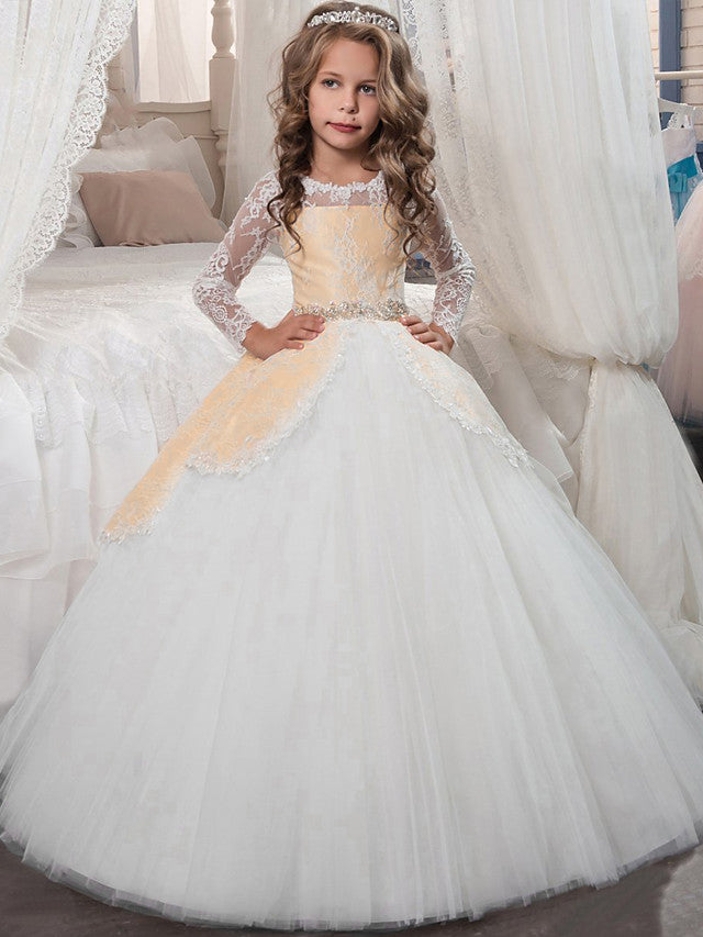 Princess Long Sleeve Jewel Neck Flower Girl Dress with Lace Crystals and Rhinestones-BallBride