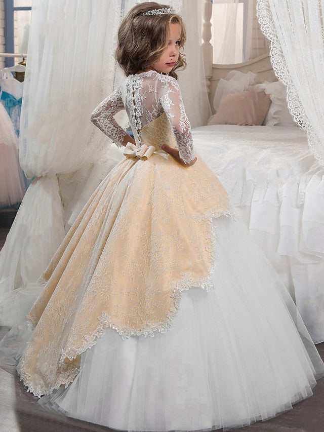 Princess Long Sleeve Jewel Neck Flower Girl Dress with Lace Crystals and Rhinestones-BallBride