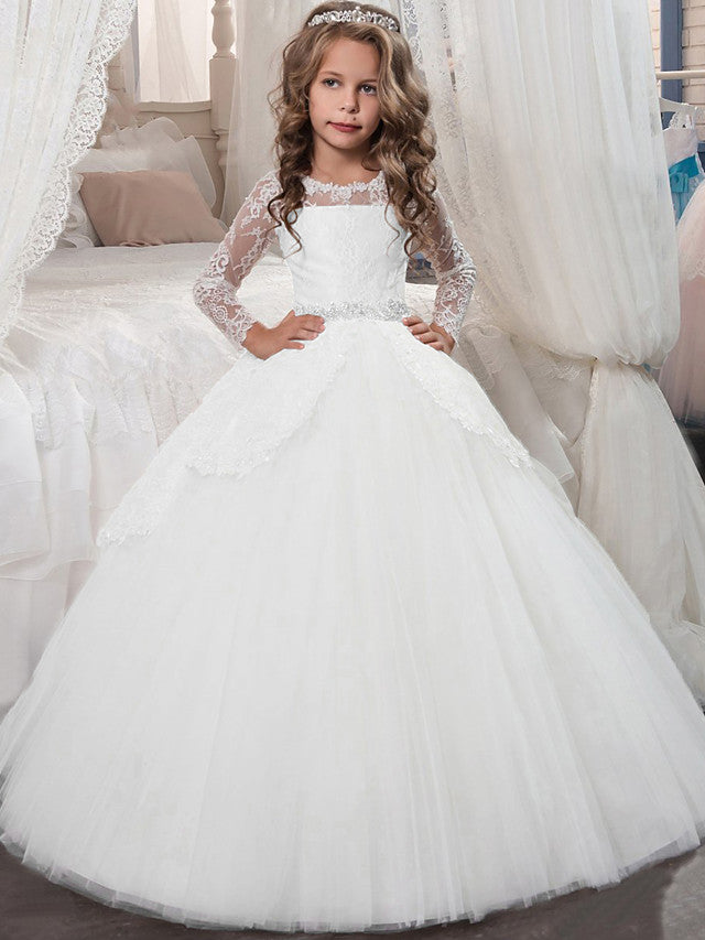 Princess Long Sleeve Jewel Neck Flower Girl Dress with Lace Crystals and Rhinestones-BallBride