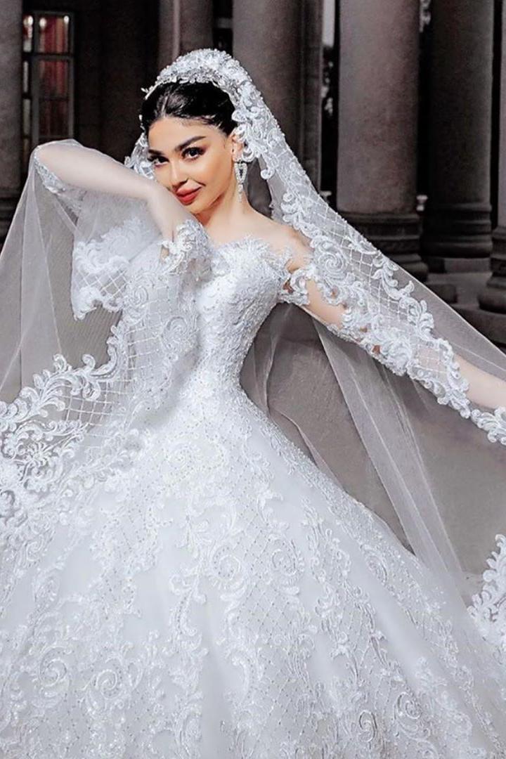 Princess Long Wedding Dress With Sleeves and Beads Appliques Tulle-BallBride