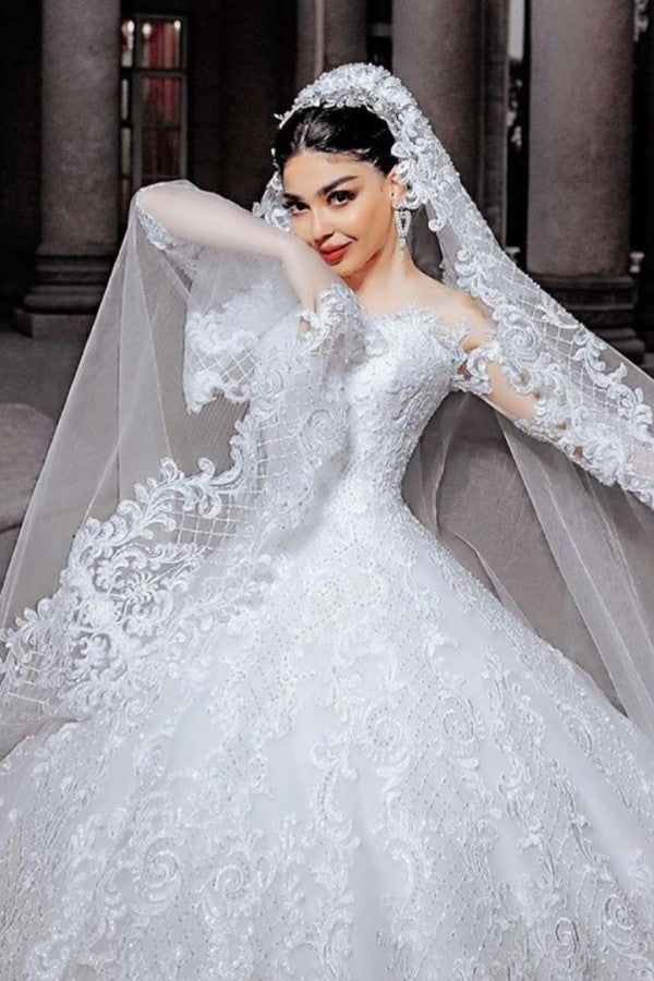 Princess Long Wedding Dress With Sleeves and Beads Appliques Tulle-BallBride
