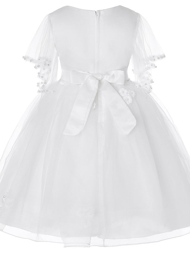 Princess Midi Dress for Weddings & Birthdays: Satin Tulle Jewel Neck with Bow(s) Pearls & Beading-BallBride
