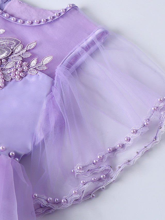 Princess Midi Dress for Weddings & Birthdays: Satin Tulle Jewel Neck with Bow(s) Pearls & Beading-BallBride