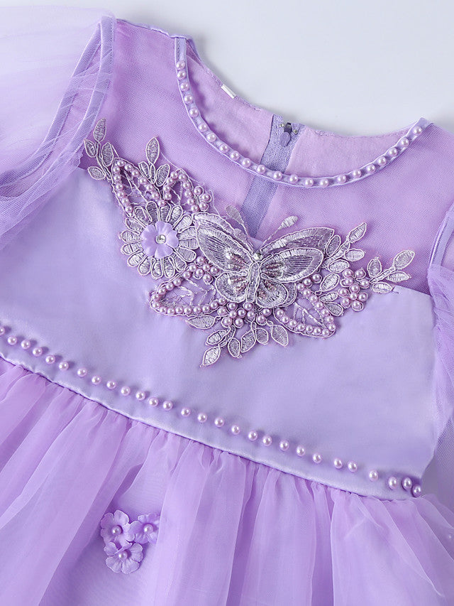 Princess Midi Dress for Weddings & Birthdays: Satin Tulle Jewel Neck with Bow(s) Pearls & Beading-BallBride