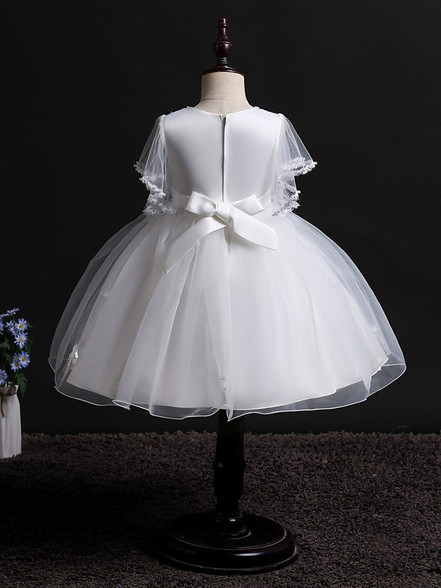 Princess Midi Dress for Weddings & Birthdays: Satin Tulle Jewel Neck with Bow(s) Pearls & Beading-BallBride