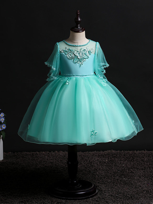 Princess Midi Dress for Weddings & Birthdays: Satin Tulle Jewel Neck with Bow(s) Pearls & Beading-BallBride