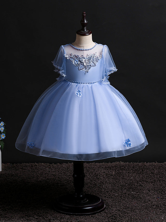 Princess Midi Dress for Weddings & Birthdays: Satin Tulle Jewel Neck with Bow(s) Pearls & Beading-BallBride