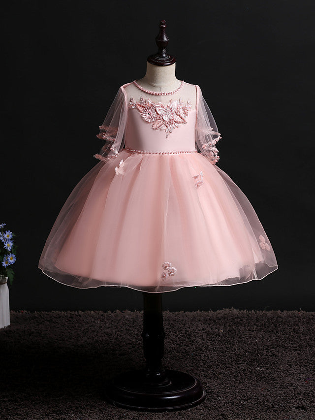 Princess Midi Dress for Weddings & Birthdays: Satin Tulle Jewel Neck with Bow(s) Pearls & Beading-BallBride