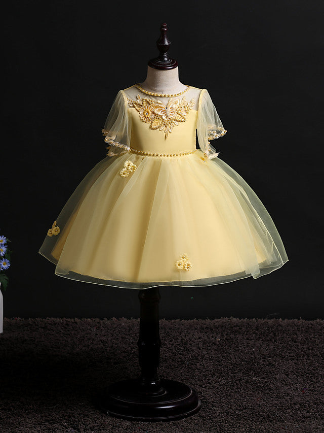 Princess Midi Dress for Weddings & Birthdays: Satin Tulle Jewel Neck with Bow(s) Pearls & Beading-BallBride