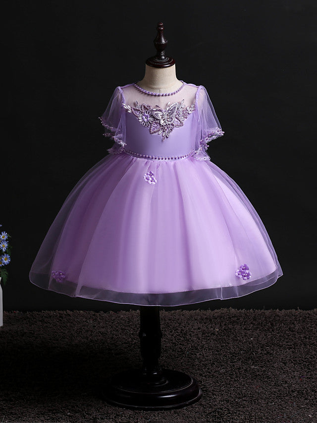 Princess Midi Dress for Weddings & Birthdays: Satin Tulle Jewel Neck with Bow(s) Pearls & Beading-BallBride