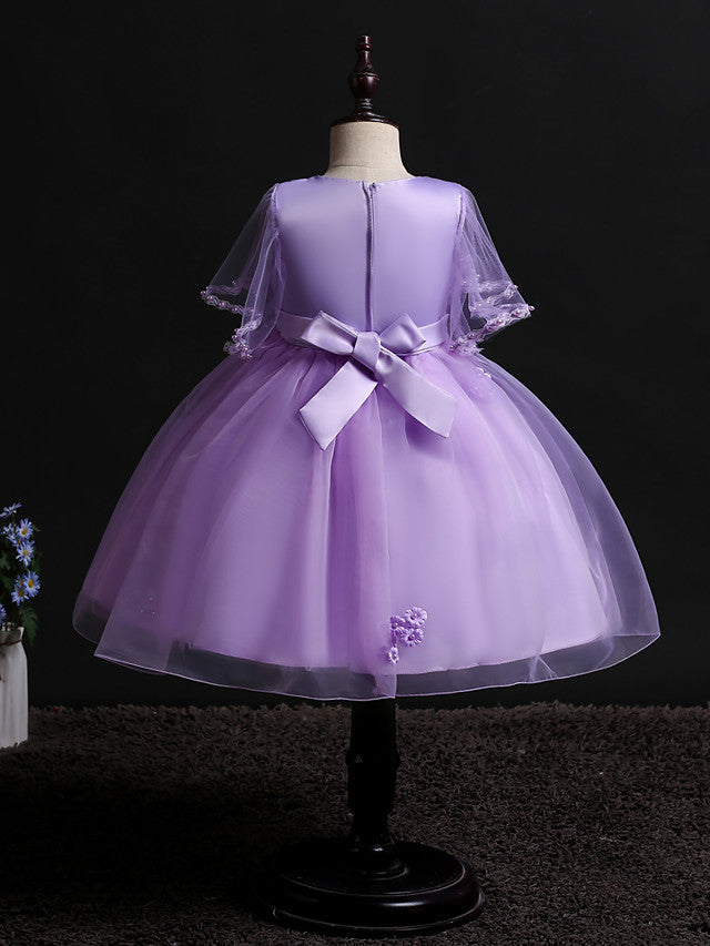 Princess Midi Dress for Weddings & Birthdays: Satin Tulle Jewel Neck with Bow(s) Pearls & Beading-BallBride