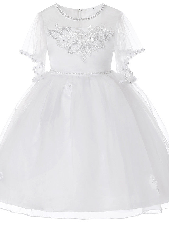 Princess Midi Dress for Weddings & Birthdays: Satin Tulle Jewel Neck with Bow(s) Pearls & Beading-BallBride