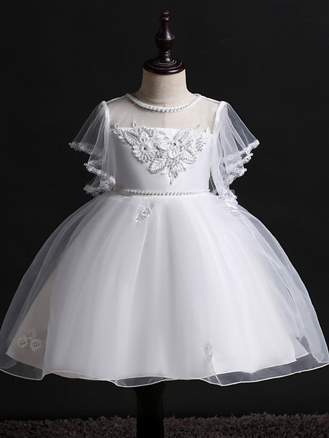 Princess Midi Dress for Weddings & Birthdays: Satin Tulle Jewel Neck with Bow(s) Pearls & Beading-BallBride