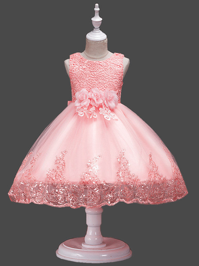 Princess Midi Lace/Tulle Jewel Neck Dress for Wedding/Birthday with Petal/Lace/Embroidery-BallBride