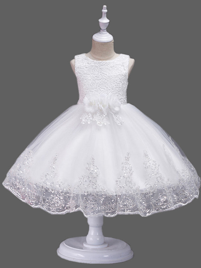 Princess Midi Lace/Tulle Jewel Neck Dress for Wedding/Birthday with Petal/Lace/Embroidery-BallBride