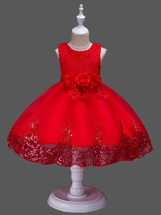 Princess Midi Lace/Tulle Jewel Neck Dress for Wedding/Birthday with Petal/Lace/Embroidery-BallBride