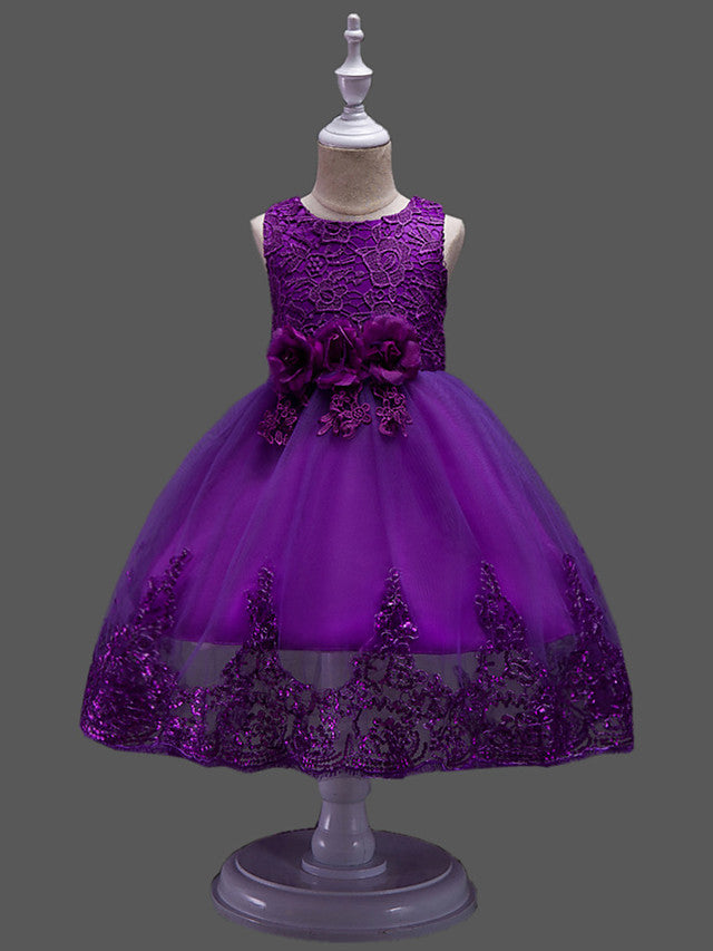 Princess Midi Lace/Tulle Jewel Neck Dress for Wedding/Birthday with Petal/Lace/Embroidery-BallBride