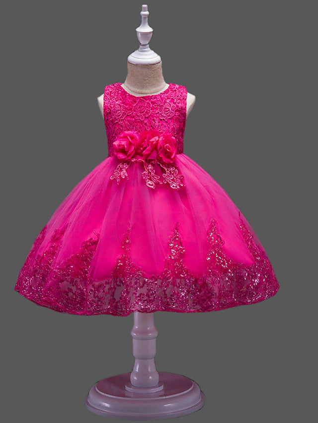 Princess Midi Lace/Tulle Jewel Neck Dress for Wedding/Birthday with Petal/Lace/Embroidery-BallBride