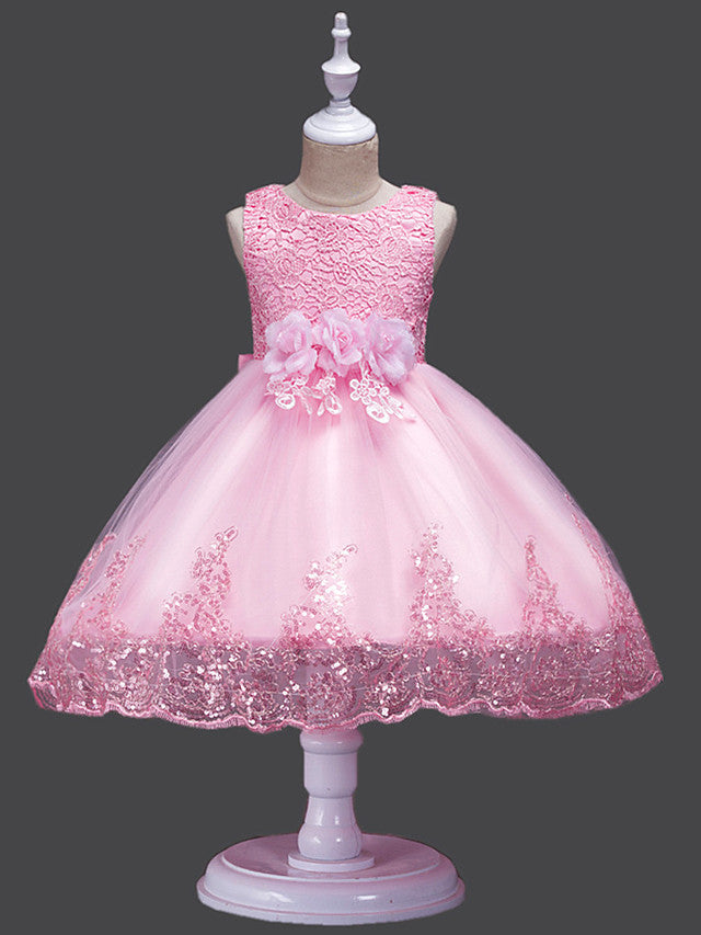 Princess Midi Lace/Tulle Jewel Neck Dress for Wedding/Birthday with Petal/Lace/Embroidery-BallBride