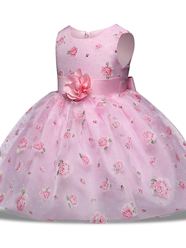 Princess Midi Wedding/Party Satin/Tulle Sleeveless Jewel Neck With Bow(s) Tier Pattern and Print-BallBride