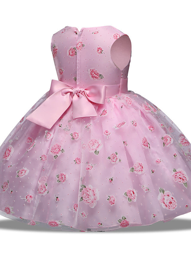 Princess Midi Wedding/Party Satin/Tulle Sleeveless Jewel Neck With Bow(s) Tier Pattern and Print-BallBride