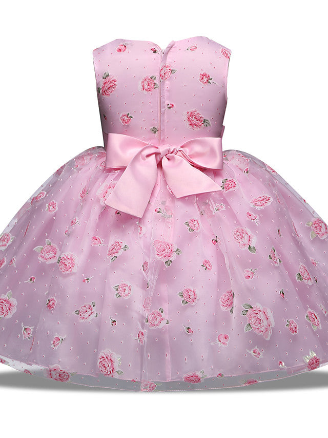 Princess Midi Wedding/Party Satin/Tulle Sleeveless Jewel Neck With Bow(s) Tier Pattern and Print-BallBride