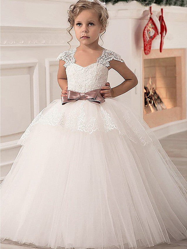 Princess Point Floor Length Junior Flower Girl Dress With Lace Sash Ribbon-BallBride