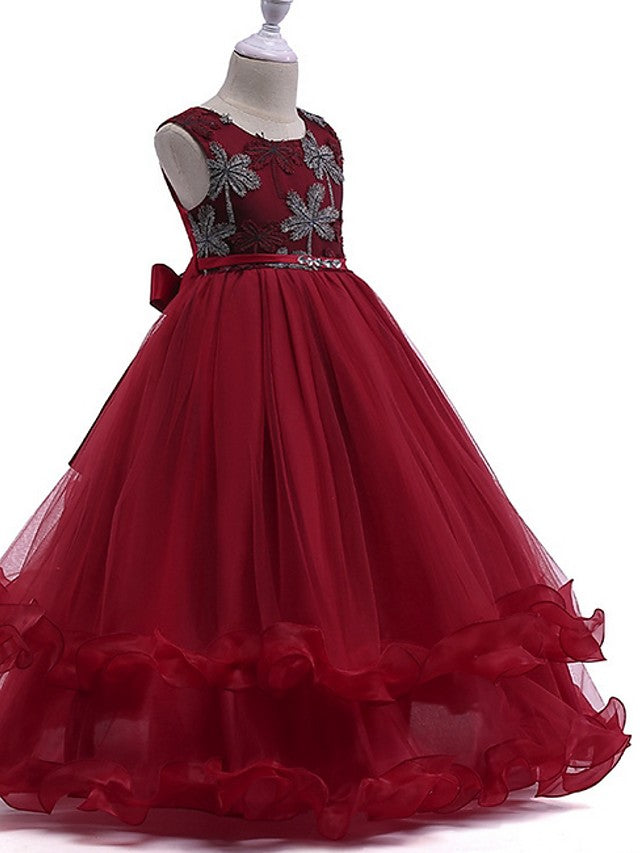Princess Round Neck Floor Length Flower Girl Dress with Bow Crystals Appliques-BallBride