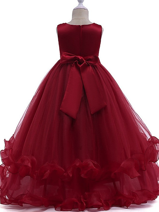 Princess Round Neck Floor Length Flower Girl Dress with Bow Crystals Appliques-BallBride