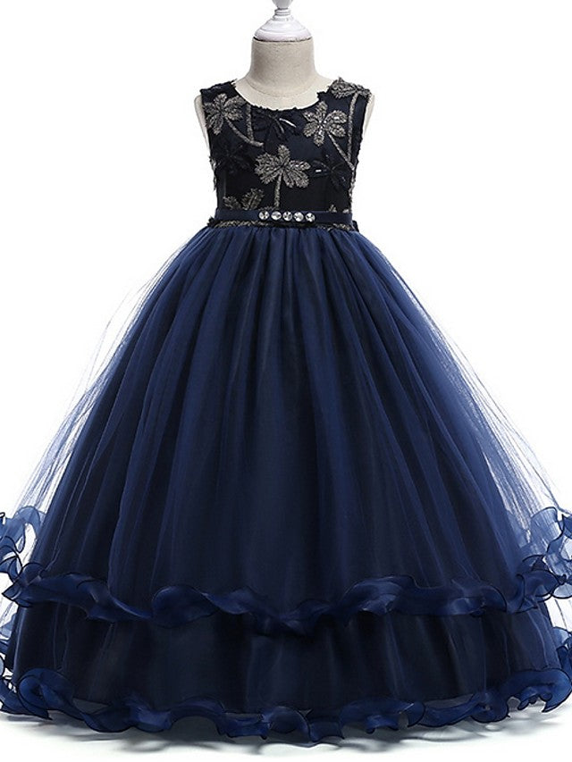 Princess Round Neck Floor Length Flower Girl Dress with Bow Crystals Appliques-BallBride