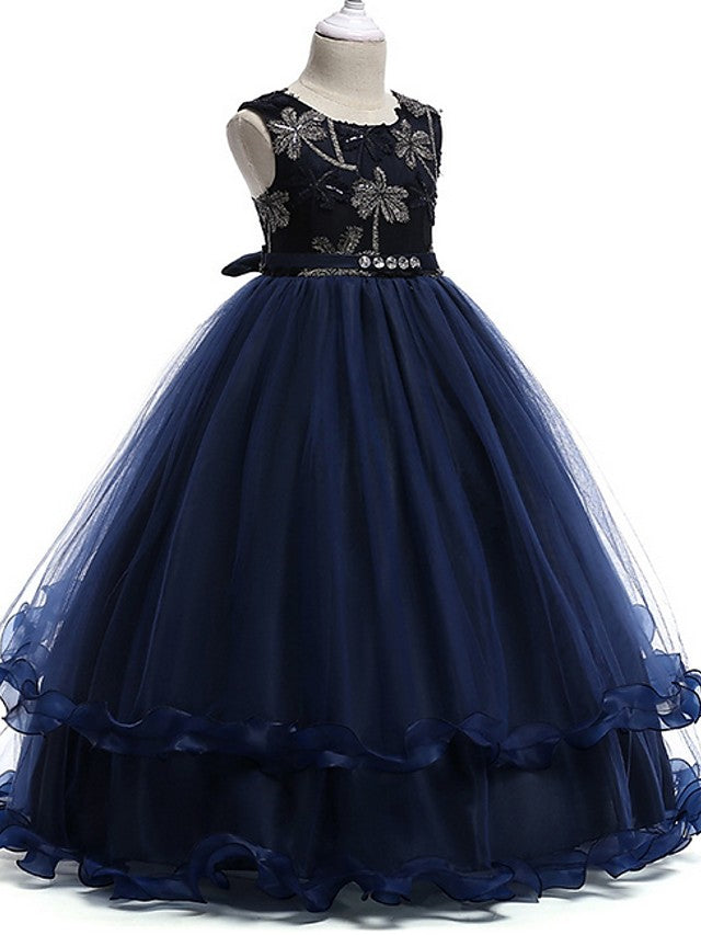 Princess Round Neck Floor Length Flower Girl Dress with Bow Crystals Appliques-BallBride