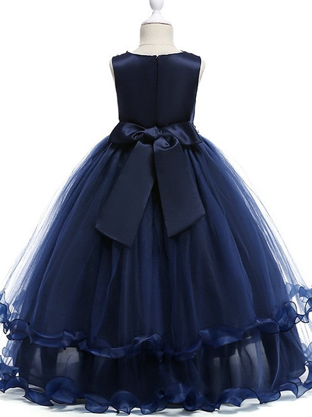 Princess Round Neck Floor Length Flower Girl Dress with Bow Crystals Appliques-BallBride