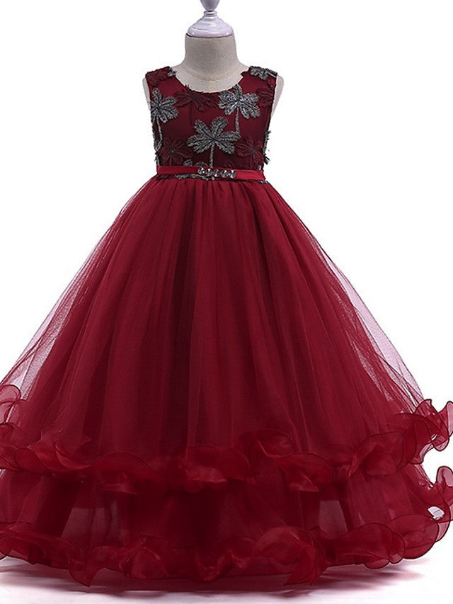 Princess Round Neck Floor Length Flower Girl Dress with Bow Crystals Appliques-BallBride