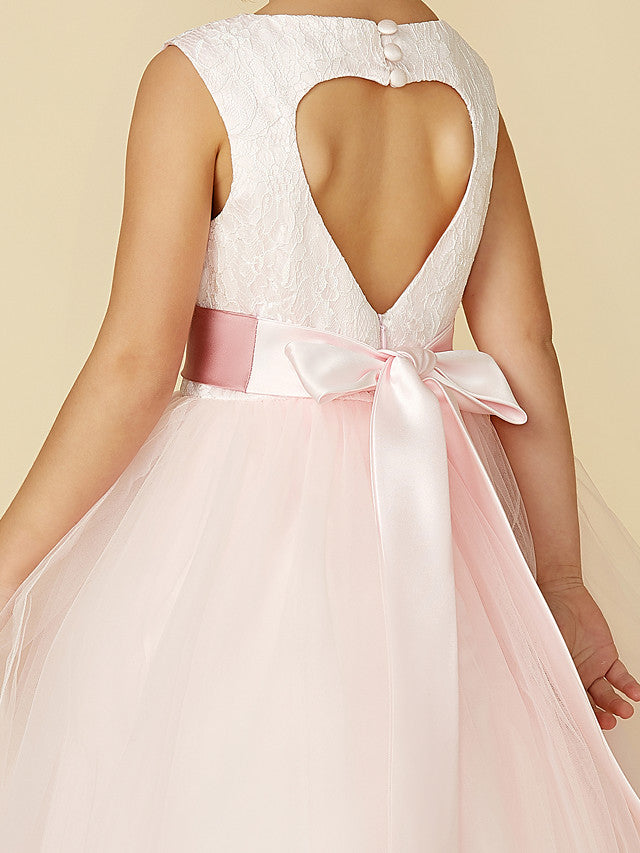 Princess Satin Tulle Lace Appliques Sleeveless Flower Girl Dresses for Floor Length-BallBride