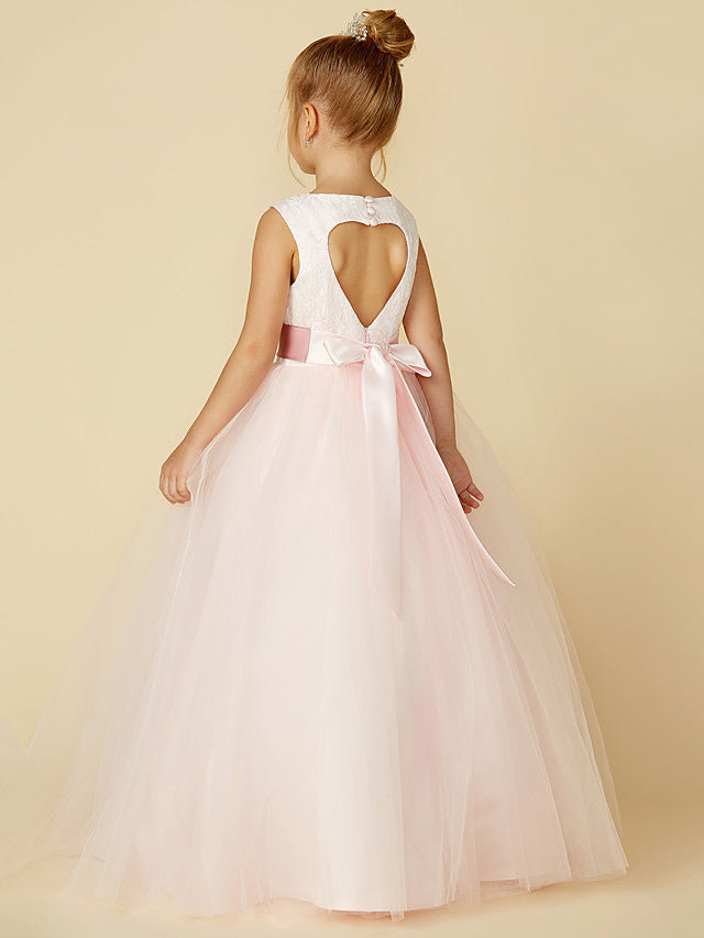 Princess Satin Tulle Lace Appliques Sleeveless Flower Girl Dresses for Floor Length-BallBride