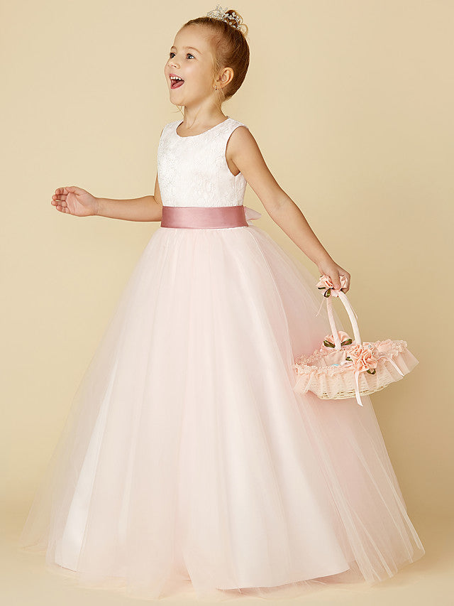 Princess Satin Tulle Lace Appliques Sleeveless Flower Girl Dresses for Floor Length-BallBride