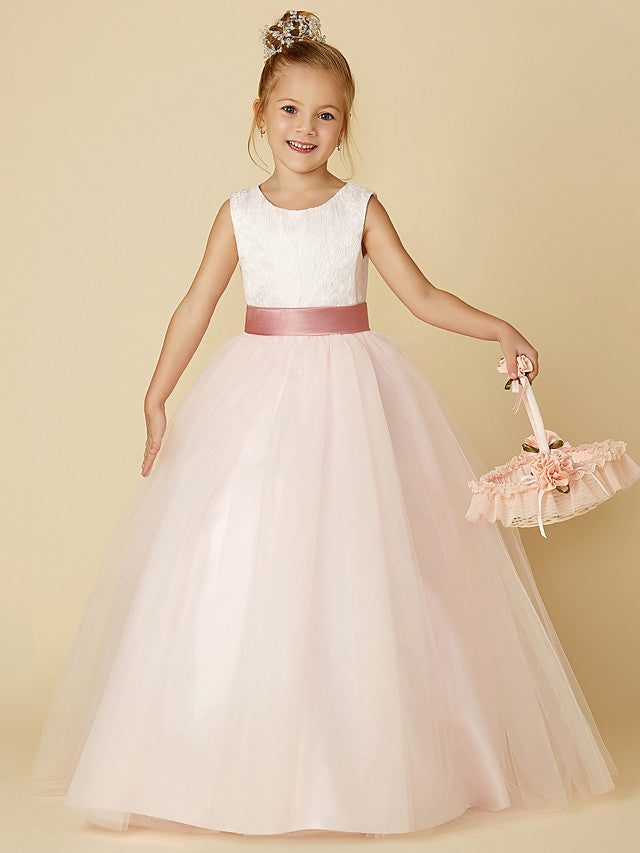 Princess Satin Tulle Lace Appliques Sleeveless Flower Girl Dresses for Floor Length-BallBride