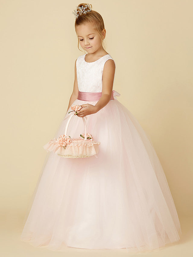 Princess Satin Tulle Lace Appliques Sleeveless Flower Girl Dresses for Floor Length-BallBride